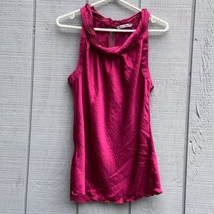 Wine satin look rolled neck halter top with button keyhole back size large EUC